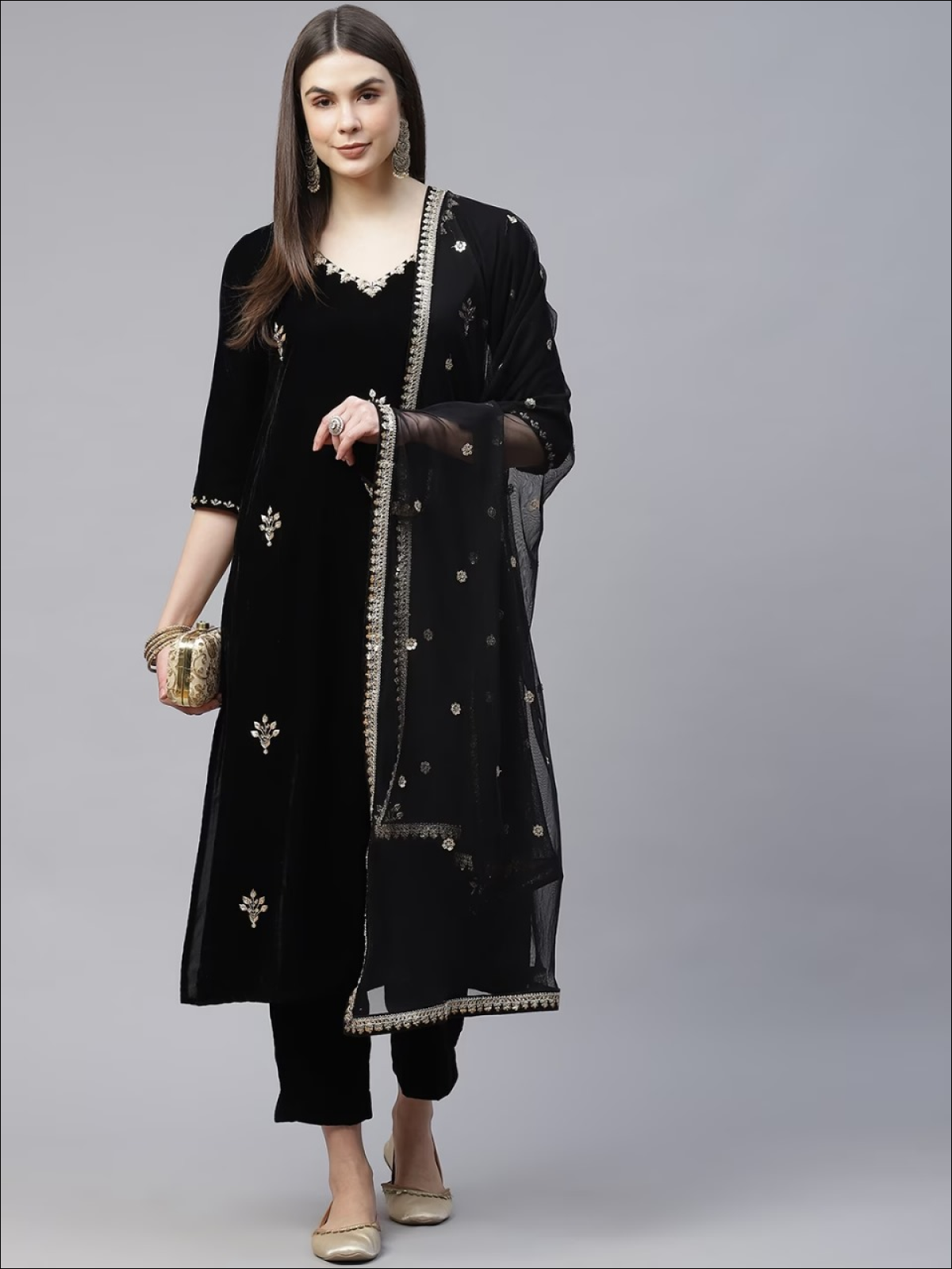 Black Sequinned Velvet Kurta with Trousers & Dupatta