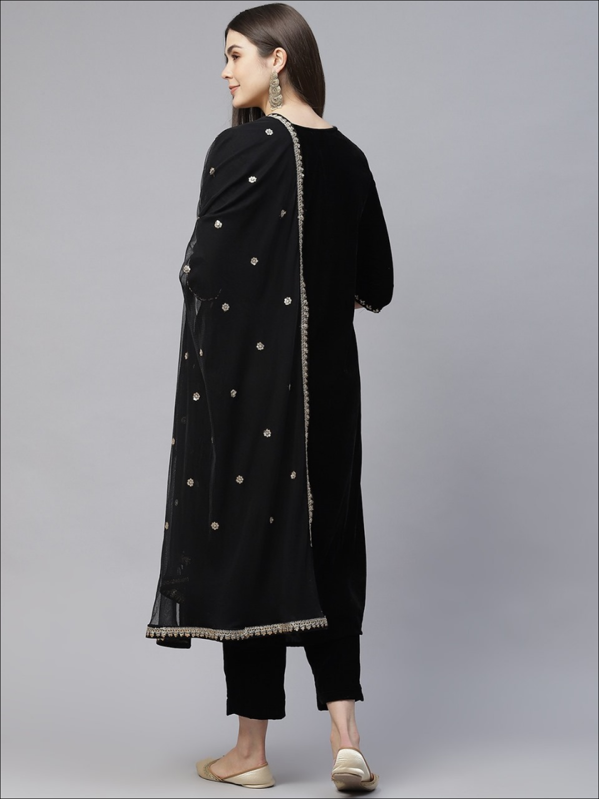 Black Sequinned Velvet Kurta with Trousers & Dupatta