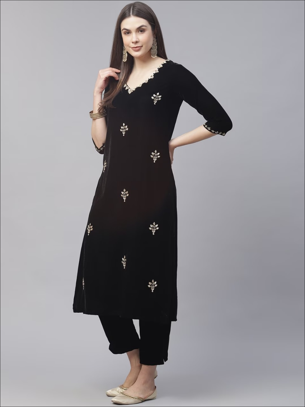 Black Sequinned Velvet Kurta with Trousers & Dupatta