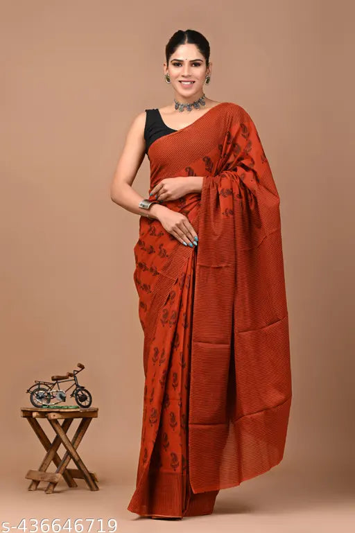 Orange cotton saree for women with blouse piece