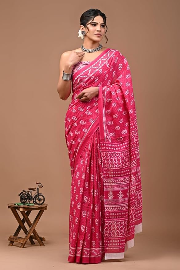 Pink Jaipuri Hand Block Indigo Printed Pure Cotton Mulmul Saree