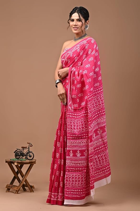 Pink Jaipuri Hand Block Indigo Printed Pure Cotton Mulmul Saree