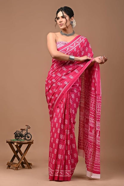 Pink Jaipuri Hand Block Indigo Printed Pure Cotton Mulmul Saree