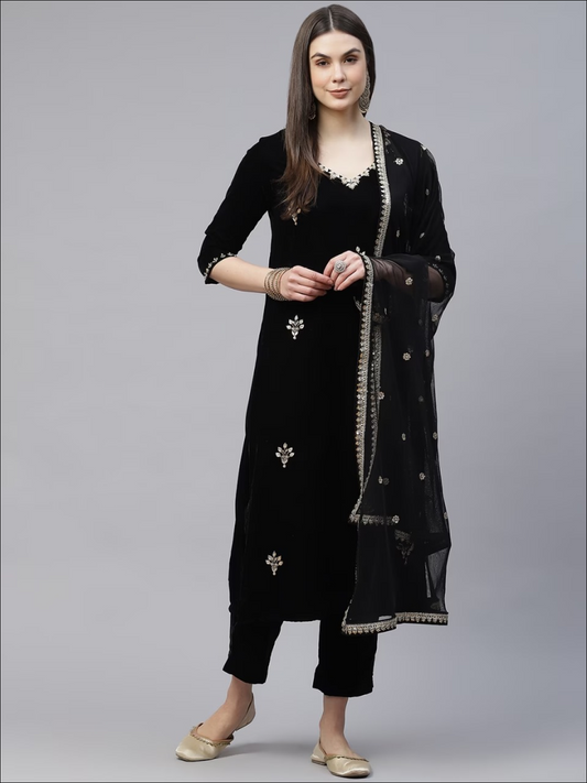 Black Sequinned Velvet Kurta with Trousers & Dupatta